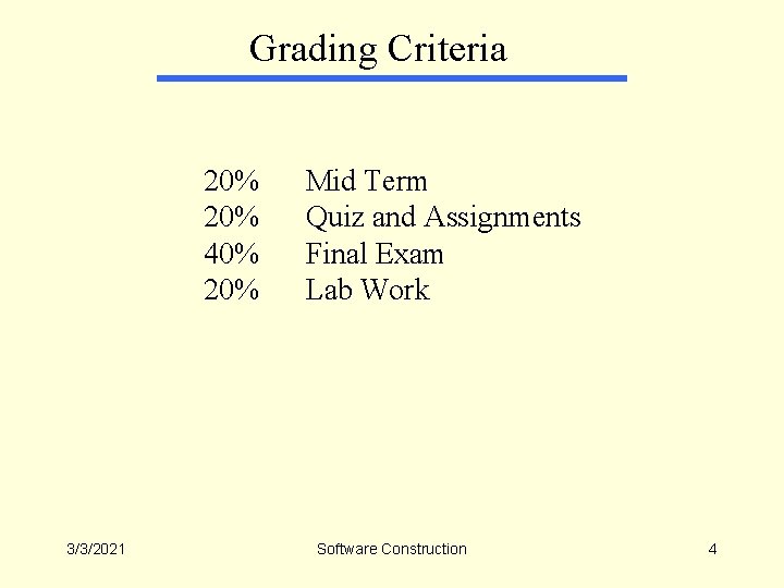 Grading Criteria 20% 40% 20% 3/3/2021 Mid Term Quiz and Assignments Final Exam Lab