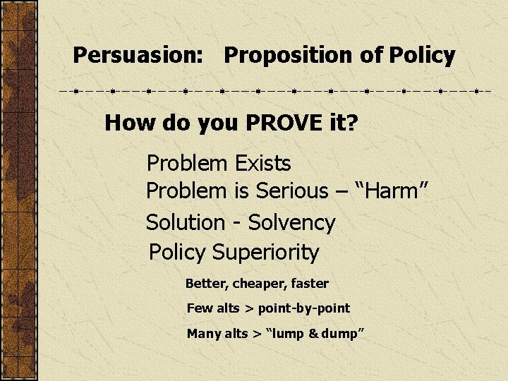 Persuasion: Proposition of Policy How do you PROVE it? Problem Exists Problem is Serious
