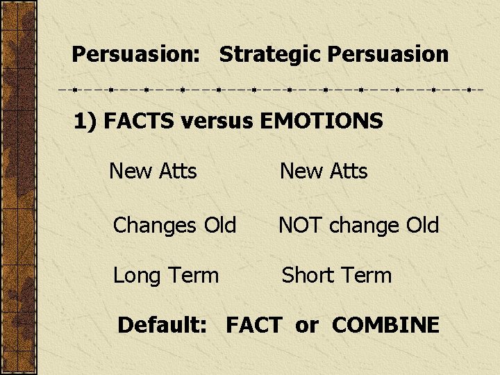 Persuasion: Strategic Persuasion 1) FACTS versus EMOTIONS New Atts Changes Old NOT change Old