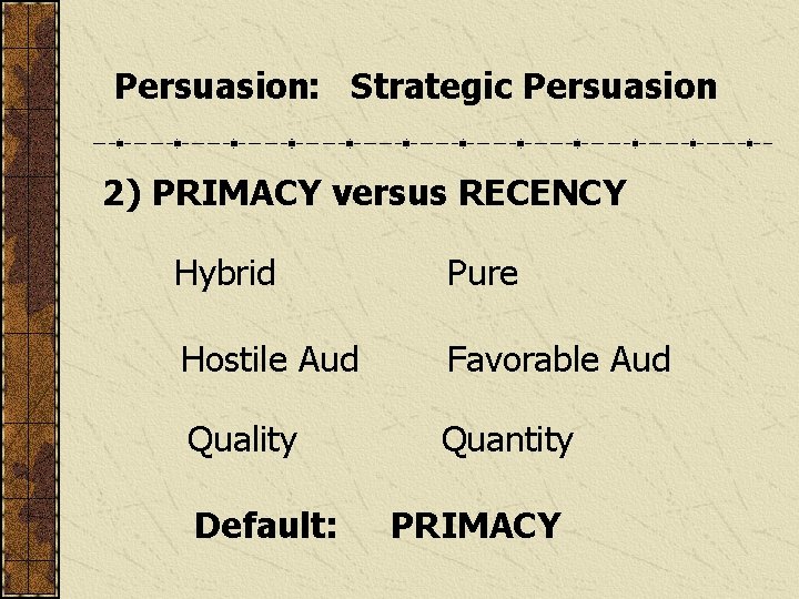 Persuasion: Strategic Persuasion 2) PRIMACY versus RECENCY Hybrid Pure Hostile Aud Favorable Aud Quality