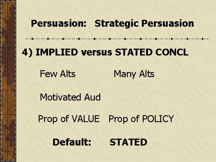 Persuasion: Strategic Persuasion 4) IMPLIED versus STATED CONCL Few Alts Many Alts Motivated Aud