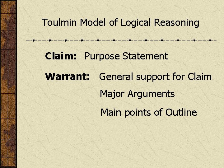 Toulmin Model of Logical Reasoning Claim: Purpose Statement Warrant: General support for Claim Major