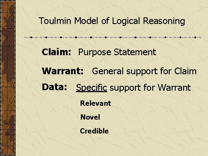 Toulmin Model of Logical Reasoning Claim: Purpose Statement Warrant: General support for Claim Data: