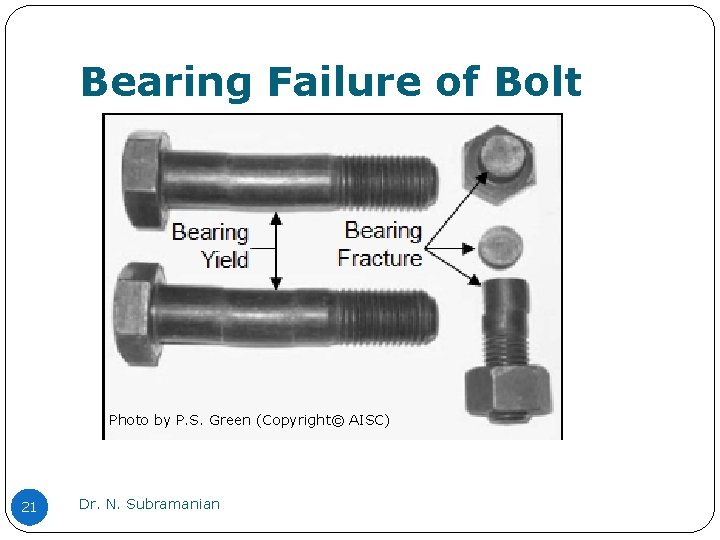 Bearing Failure of Bolt Photo by P. S. Green (Copyright© AISC) 21 Dr. N.