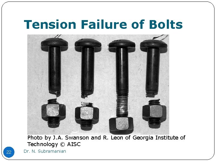 Tension Failure of Bolts Photo by J. A. Swanson and R. Leon of Georgia