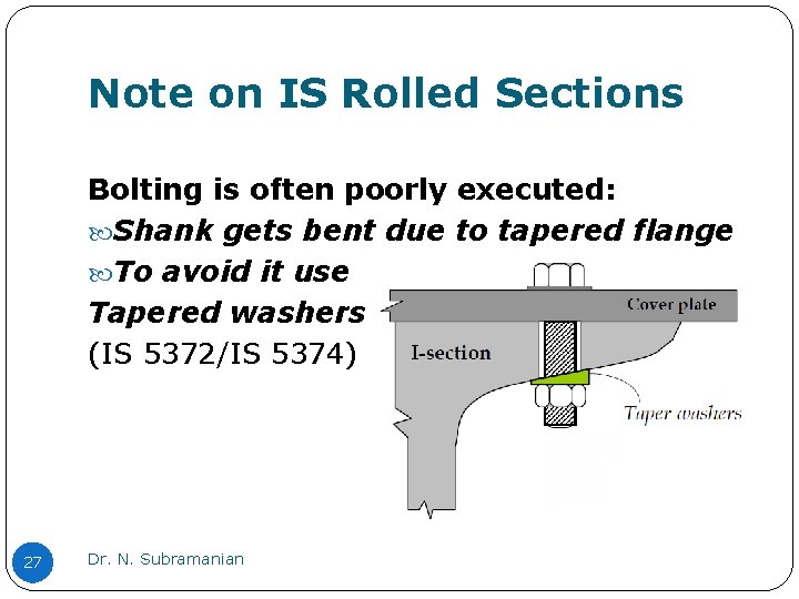 Note on IS Rolled Sections Bolting is often poorly executed: Shank gets bent due Note on IS Rolled Sections Bolting is often poorly executed: Shank gets bent due