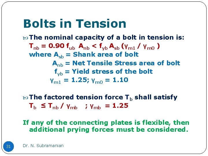 Bolts in Tension The nominal capacity of a bolt in tension is: Tnb =