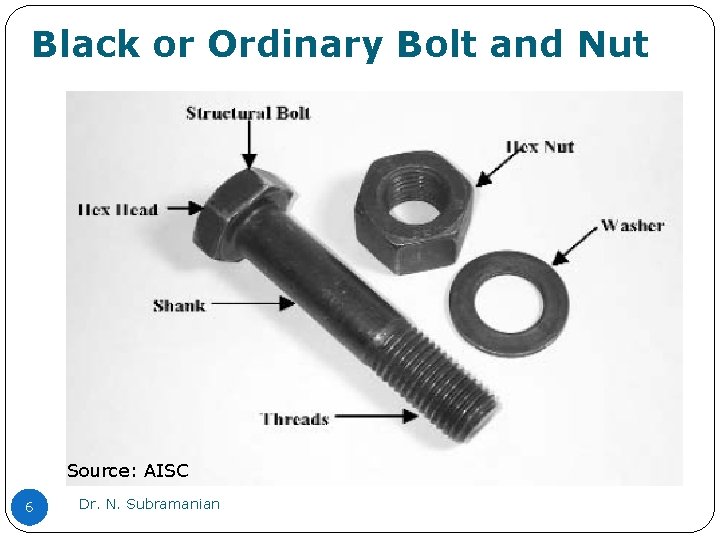 Black or Ordinary Bolt and Nut Source: AISC 6 Dr. N. Subramanian Black or Ordinary Bolt and Nut Source: AISC 6 Dr. N. Subramanian
