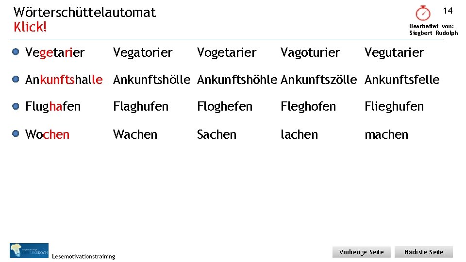 Wörterschüttelautomat Klick! Vegetarier Vegatorier 14 Bearbeitet von: Siegbert Rudolph Vogetarier Vagoturier Vegutarier Ankunftshalle Ankunftshöhle