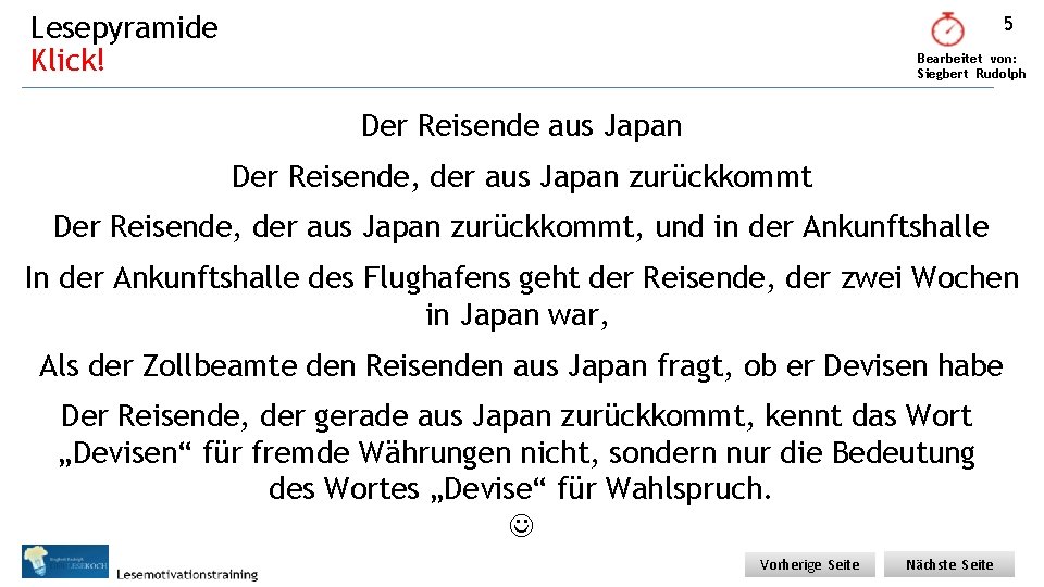 Lesepyramide Klick! 5 Bearbeitet von: Siegbert Rudolph Der Reisende aus Japan Der Reisende, der