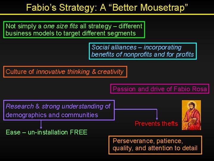Fabio’s Strategy: A “Better Mousetrap” Not simply a one size fits all strategy –