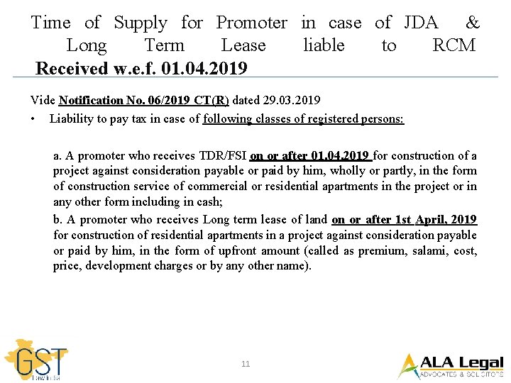 Time of Supply for Promoter in case of JDA & Long Term Lease liable