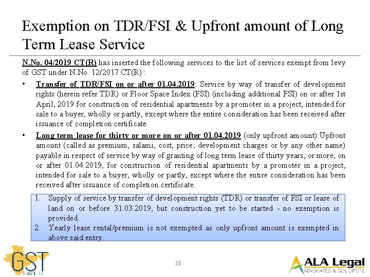 Exemption on TDR/FSI & Upfront amount of Long Term Lease Service N. No. 04/2019