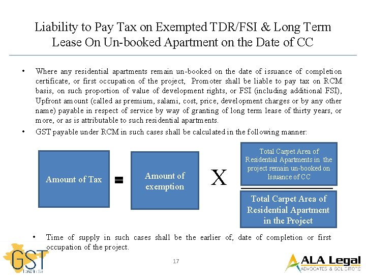 Liability to Pay Tax on Exempted TDR/FSI & Long Term Lease On Un-booked Apartment