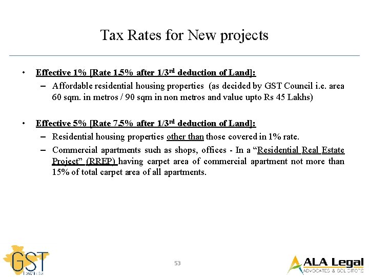 Tax Rates for New projects • Effective 1% [Rate 1. 5% after 1/3 rd