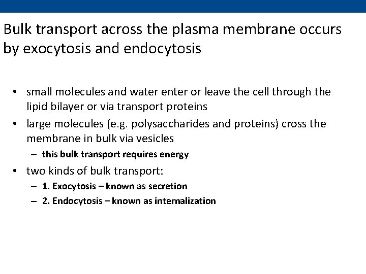 Bulk transport across the plasma membrane occurs by exocytosis and endocytosis • small molecules