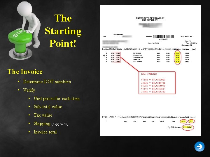 The Starting Point! The Invoice • Determine DOT numbers • Verify • Unit prices