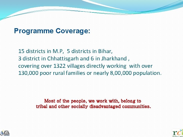 Programme Coverage: 15 districts in M. P, 5 districts in Bihar, 3 district in