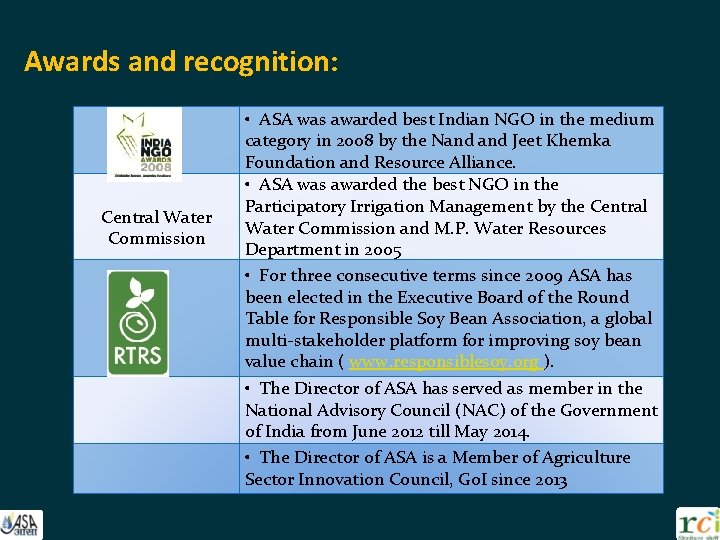Awards and recognition: Central Water Commission • ASA was awarded best Indian NGO in