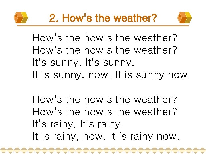 2. How's the weather? How's the how's the weather? It's sunny. It is sunny,