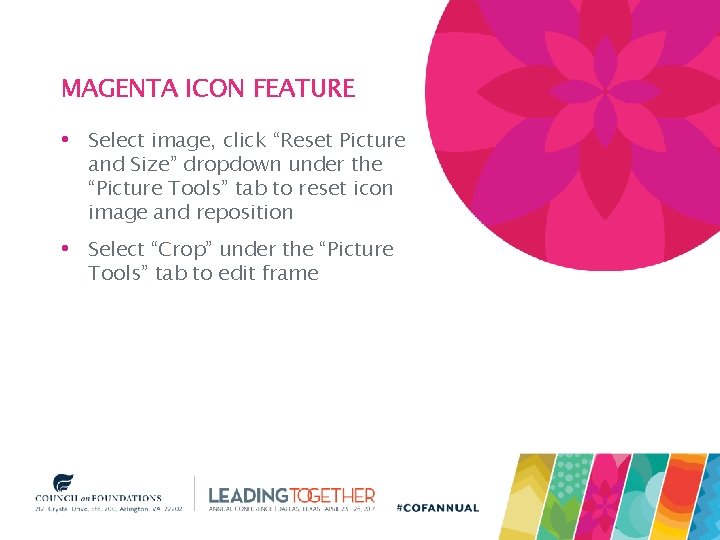 MAGENTA ICON FEATURE • Select image, click “Reset Picture and Size” dropdown under the