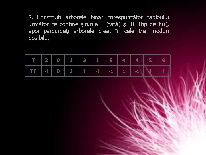 2. Construiţi arborele binar corespunzător tabloului următor ce conţine şirurile T (tată) şi TF