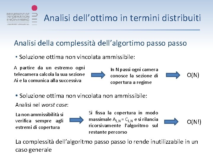 Analisi dell’ottimo in termini distribuiti Analisi della complessità dell’algortimo passo • Soluzione ottima non