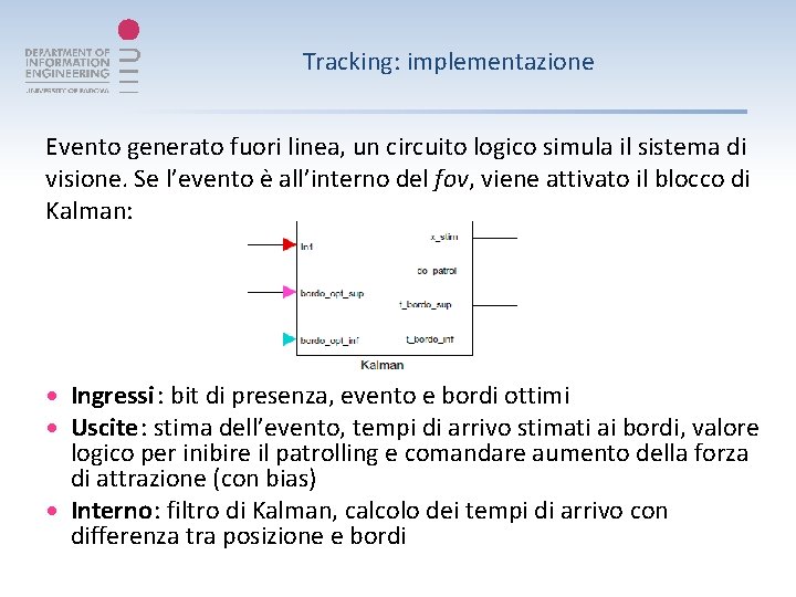 Tracking: implementazione Evento generato fuori linea, un circuito logico simula il sistema di visione.