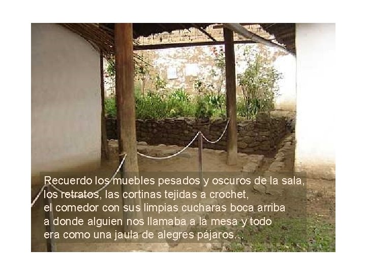 Recuerdo los muebles pesados y oscuros de la sala, los retratos, las cortinas tejidas