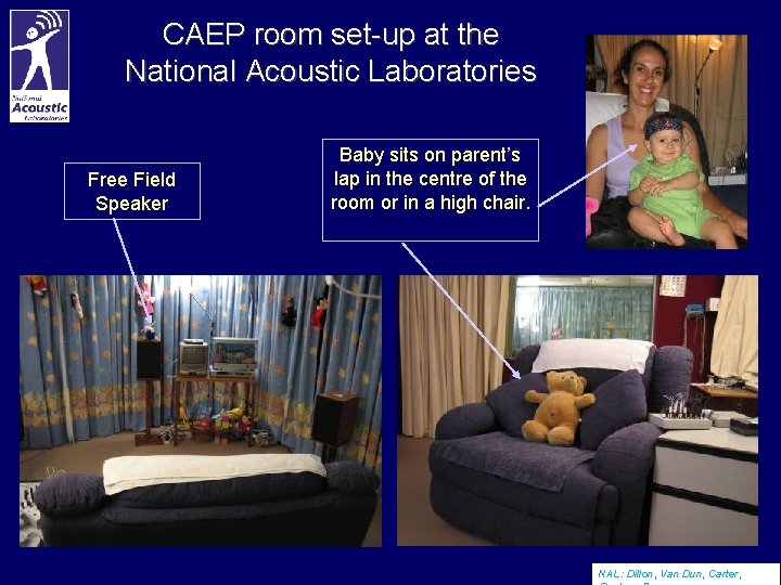 CAEP room set-up at the National Acoustic Laboratories Free Field Speaker Baby sits on