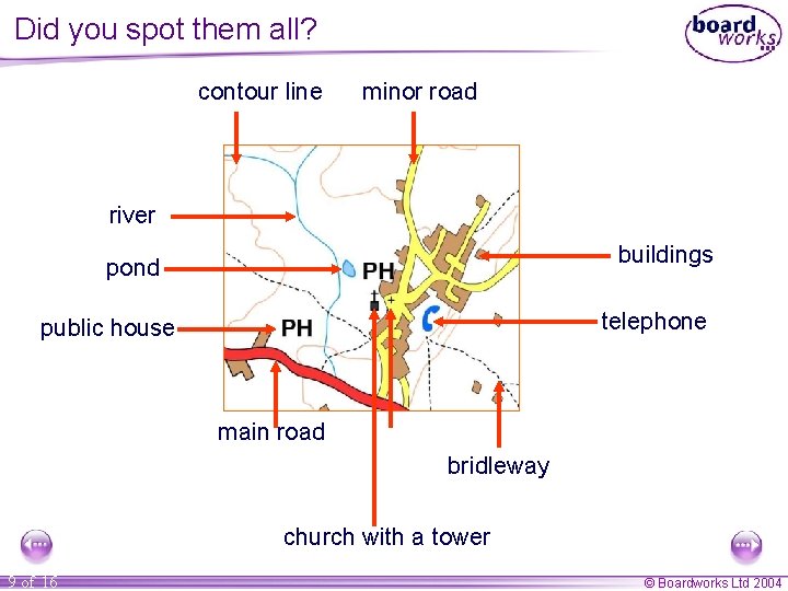 Did you spot them all? contour line minor road river buildings pond telephone public