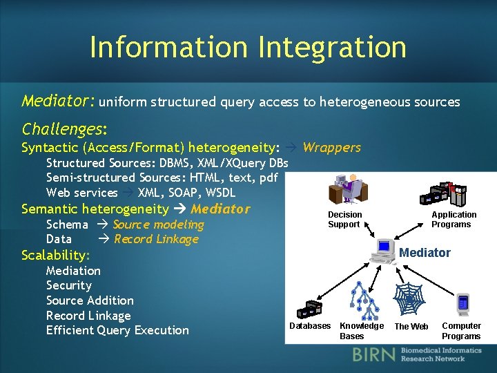 Information Integration Mediator: uniform structured query access to heterogeneous sources Challenges: Syntactic (Access/Format) heterogeneity: