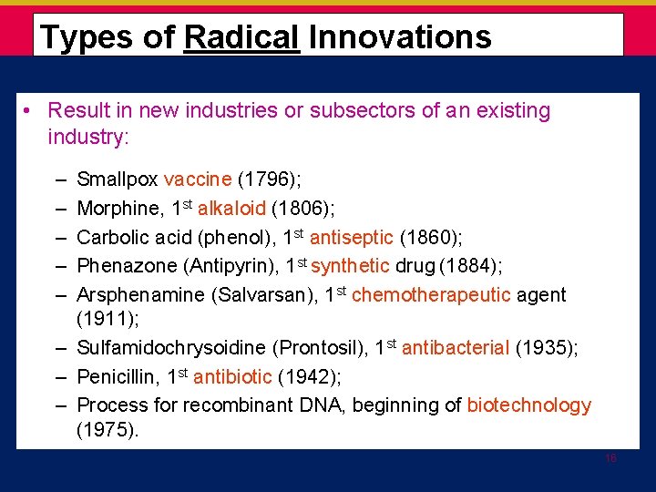  Types of Radical Innovations • Result in new industries or subsectors of an