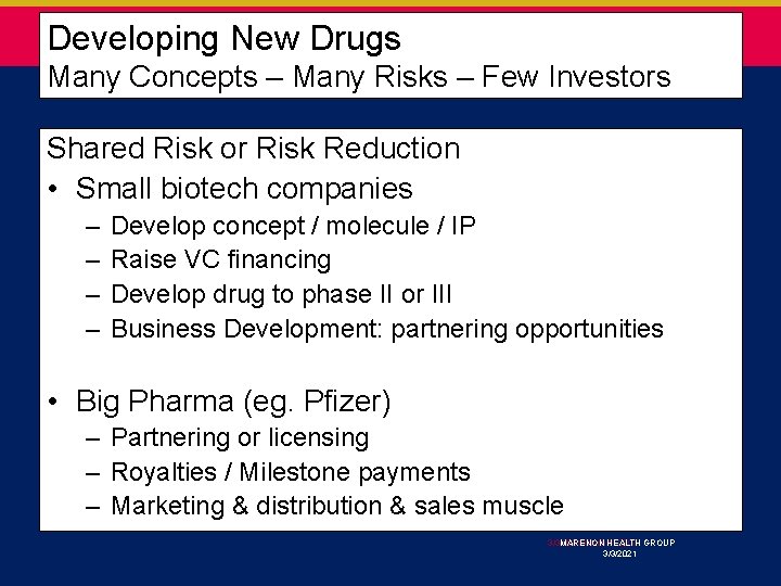 Developing New Drugs Many Concepts – Many Risks – Few Investors Shared Risk or