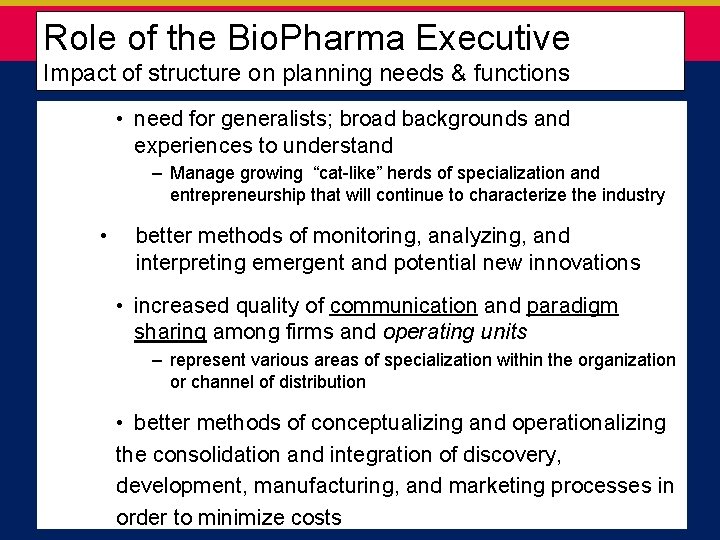  Role of the Bio. Pharma Executive Impact of structure on planning needs &