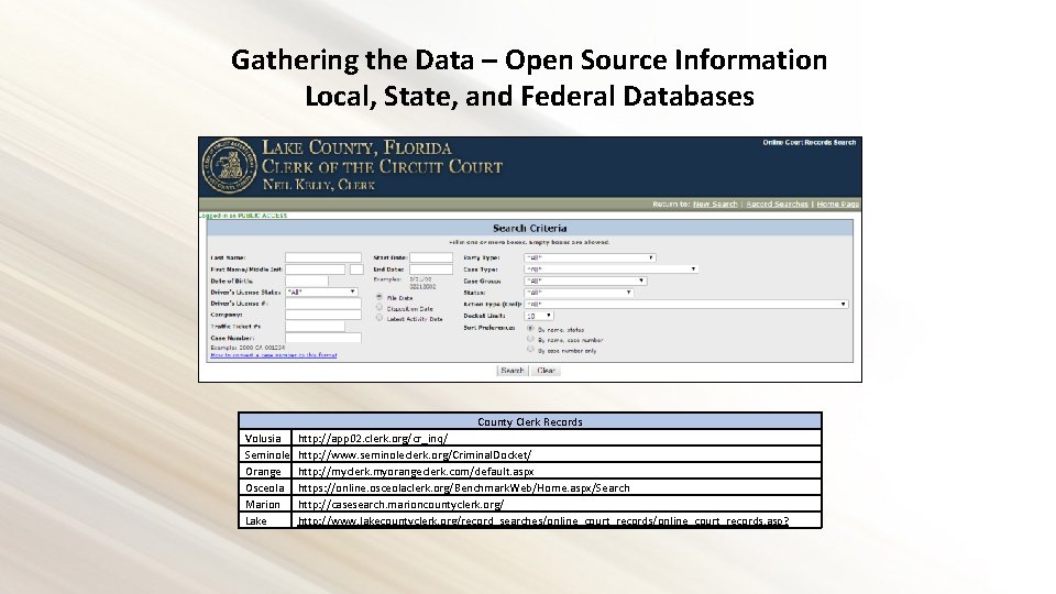 Gathering the Data – Open Source Information Local, State, and Federal Databases County Clerk
