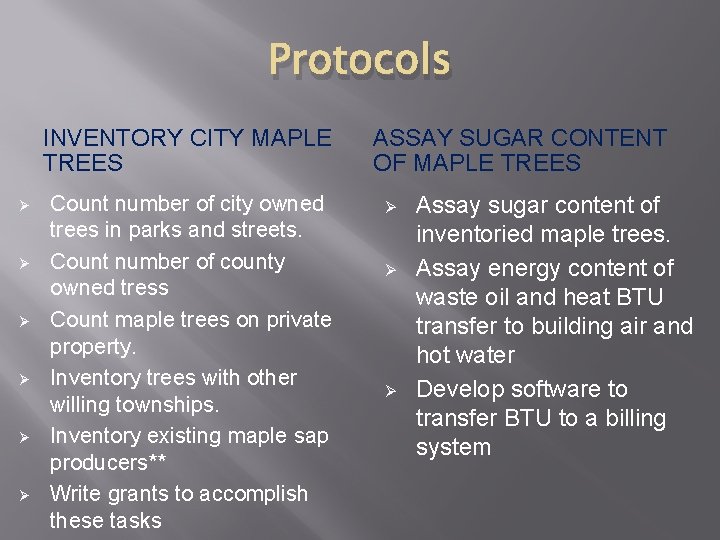 Protocols INVENTORY CITY MAPLE TREES Ø Ø Ø Count number of city owned trees