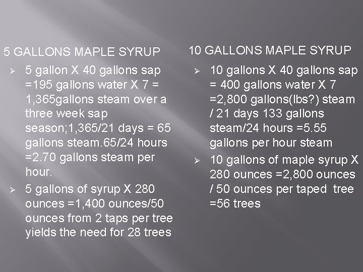 5 GALLONS MAPLE SYRUP Ø 5 gallon X 40 gallons sap =195 gallons water