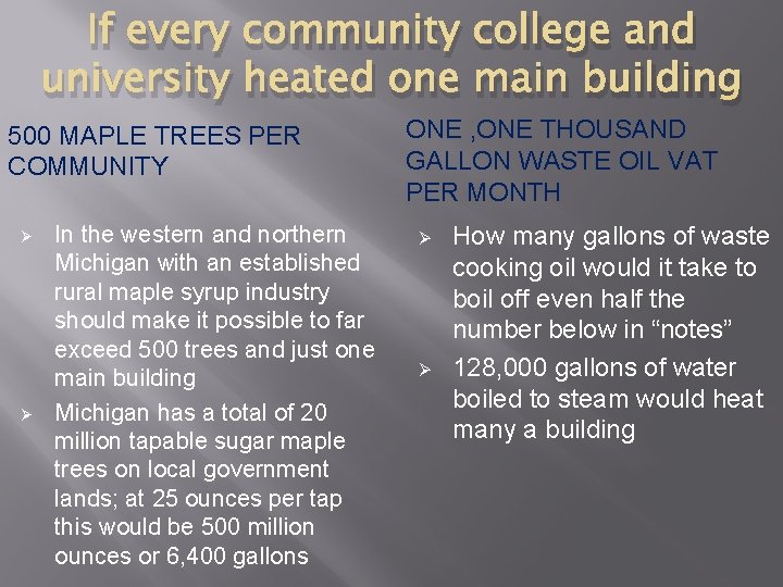 If every community college and university heated one main building 500 MAPLE TREES PER