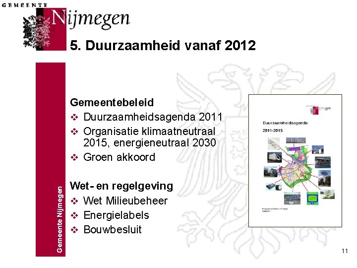 5. Duurzaamheid vanaf 2012 Gemeente Nijmegen Gemeentebeleid v Duurzaamheidsagenda 2011 v Organisatie klimaatneutraal 2015,