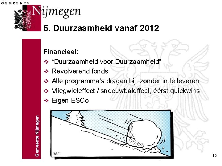 5. Duurzaamheid vanaf 2012 Gemeente Nijmegen Financieel: v “Duurzaamheid voor Duurzaamheid” v Revolverend fonds
