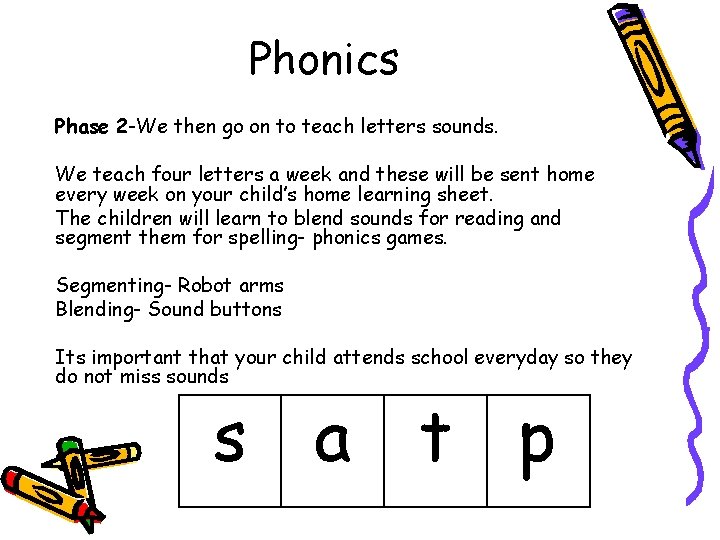 Phonics Phase 2 -We then go on to teach letters sounds. We teach four