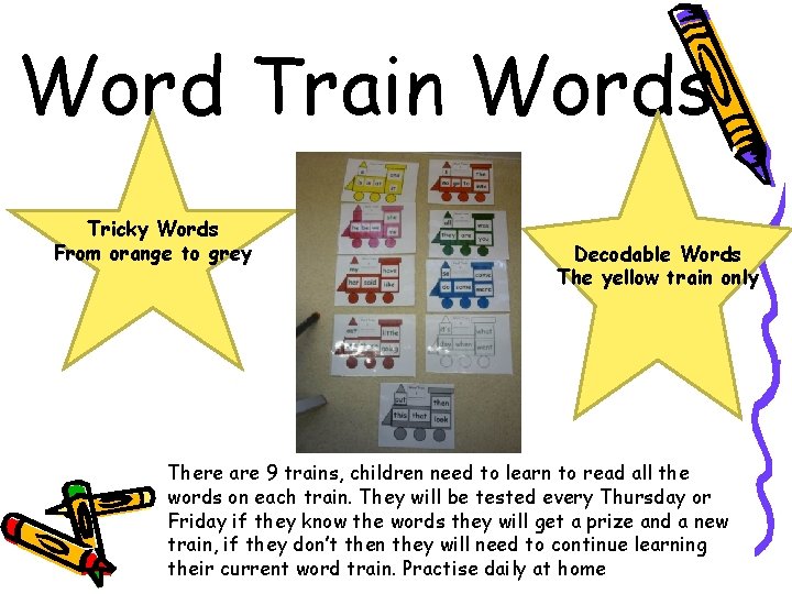 Word Train Words Tricky Words From orange to grey Decodable Words The yellow train