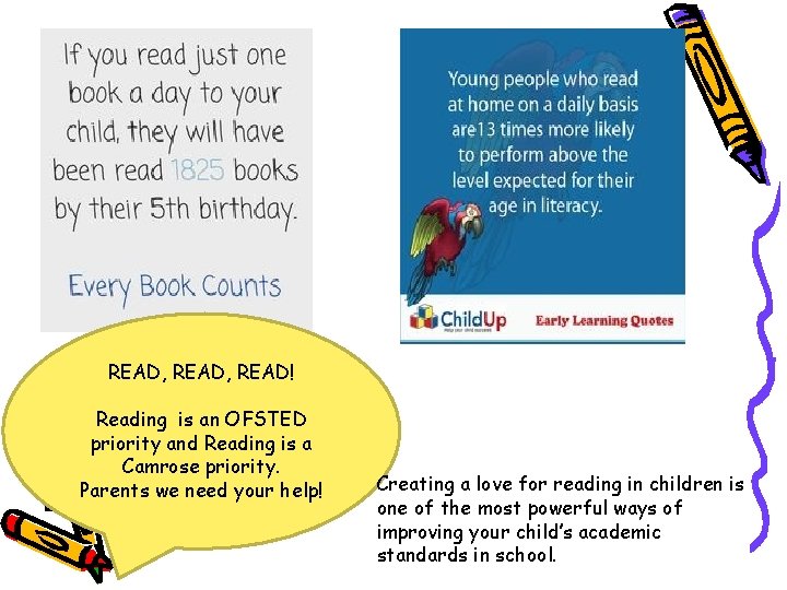 READ, READ! Reading is an OFSTED priority and Reading is a Camrose priority. Parents