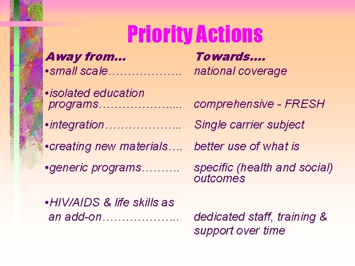 Priority Actions Away from… Towards…. • small scale………………. national coverage • isolated education programs……………….