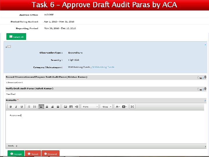 Task 6 – Approve Draft Audit Paras by ACA 