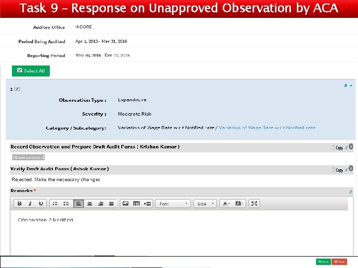 Task 9 – Response on Unapproved Observation by ACA 