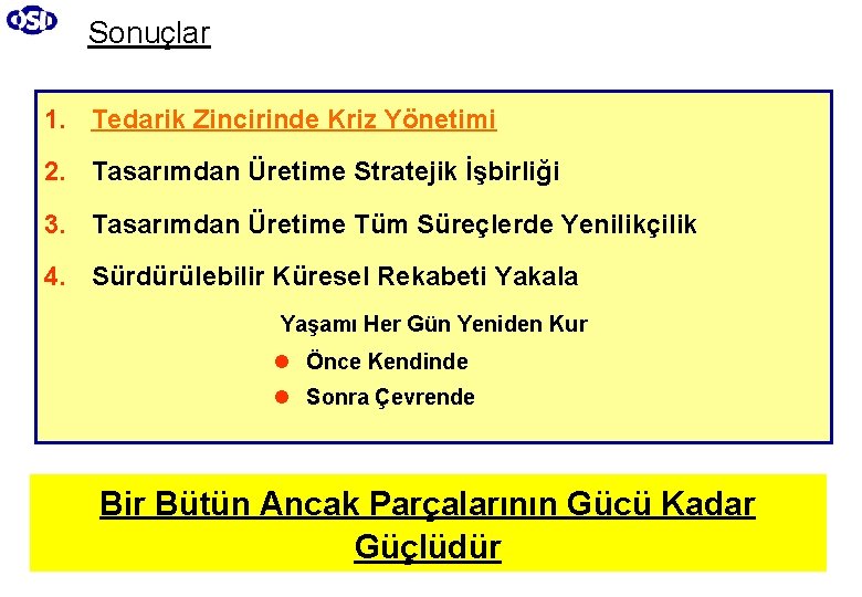 Sonuçlar 1. Tedarik Zincirinde Kriz Yönetimi 2. Tasarımdan Üretime Stratejik İşbirliği 3. Tasarımdan Üretime