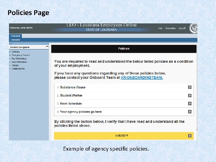 Policies Page Example of agency specific policies. 
