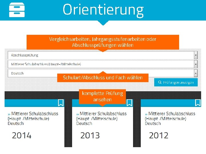 Orientierung Vergleichsarbeiten, Jahrgangsstufenarbeiten oder Abschlussprüfungen wählen Schulart/Abschluss und Fach wählen komplette Prüfung ansehen Orientierung Vergleichsarbeiten, Jahrgangsstufenarbeiten oder Abschlussprüfungen wählen Schulart/Abschluss und Fach wählen komplette Prüfung ansehen